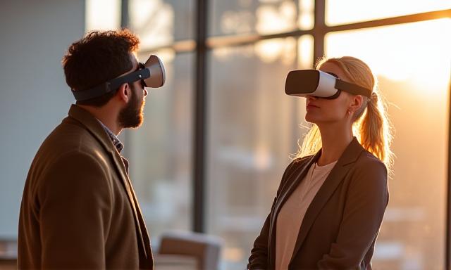 Architect demonstrating a 3D model through a VR headset to a client