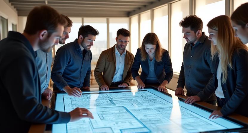 Architectural team discussing technical BIM requirements in a modern studio