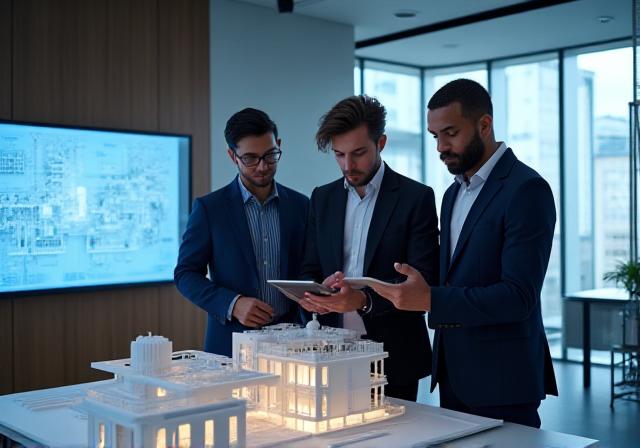 Architectural team discussing project costs and software licensing in a modern studio